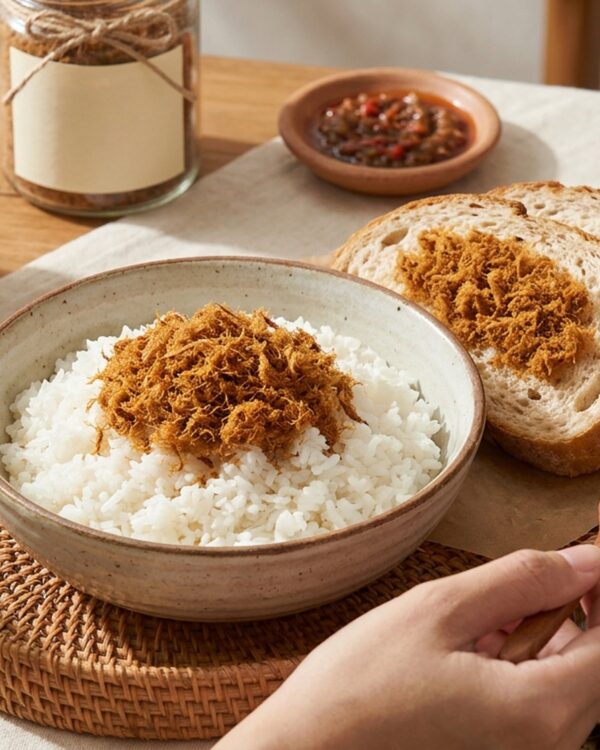 Abon sapi ditaburkan di atas nasi putih dan roti tawar