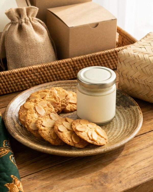 Almond crispy tersusun rapi di piring sebagai hampers oleh-oleh