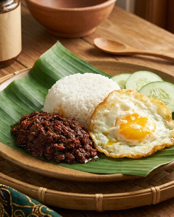 Sambal roa disajikan dengan nasi hangat, telur ceplok, dan mentimun di atas daun pisang