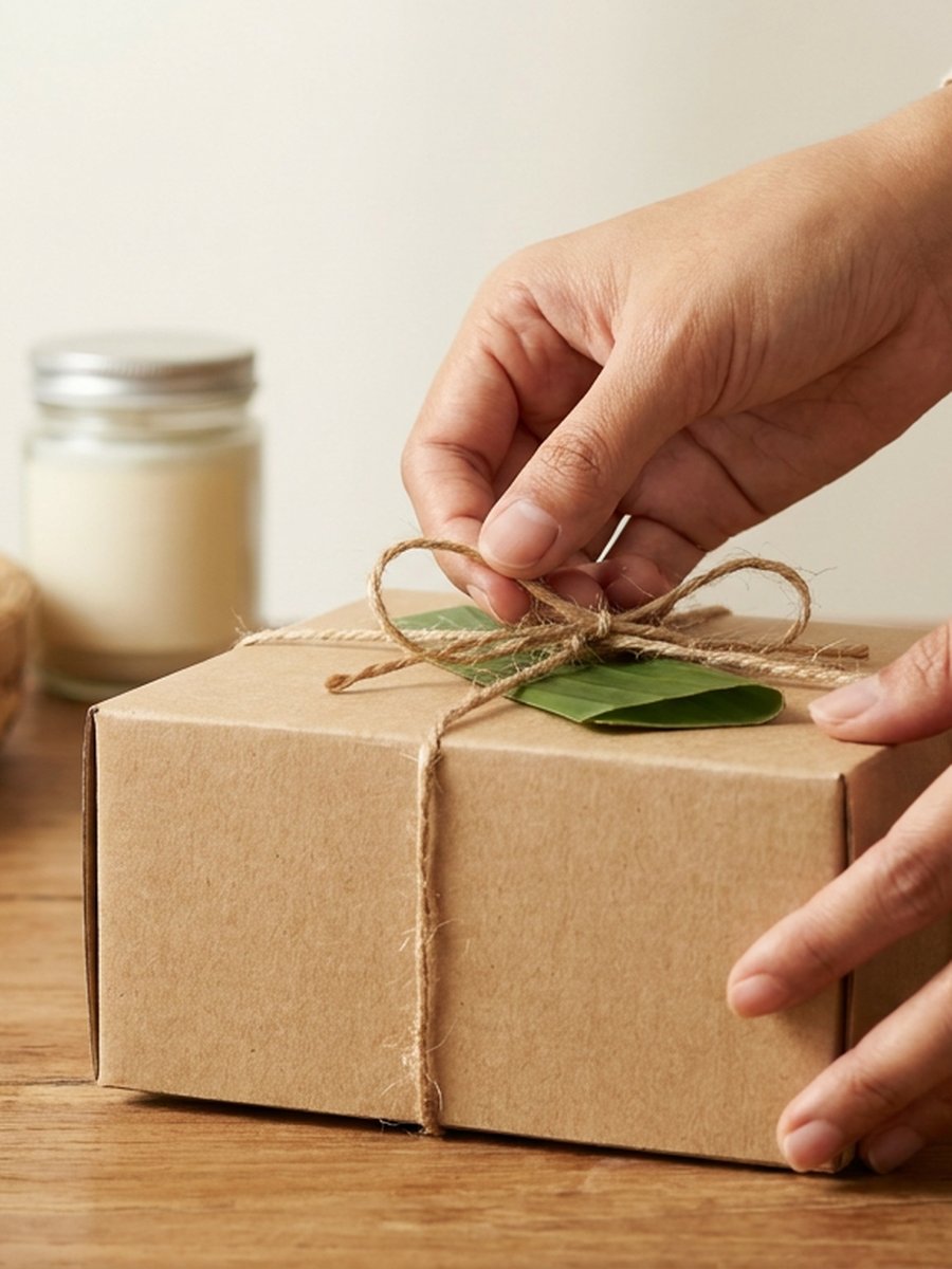 Tangan mengikat tali pada kotak hadiah kraft dengan aksen daun pisang