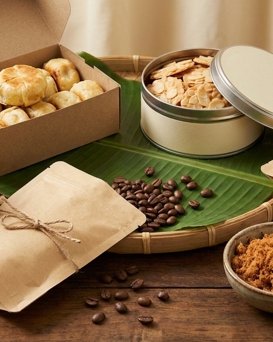 Kumpulan lima produk oleh-oleh Dapur Nusantara tersusun rapi di atas meja kayu jati dengan daun pisang