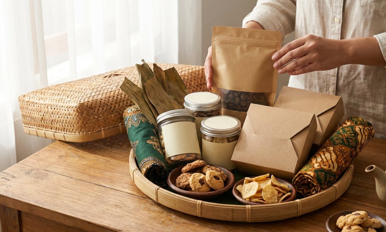 Hampers oleh-oleh berisi camilan dan kopi khas Indonesia dalam keranjang rotan