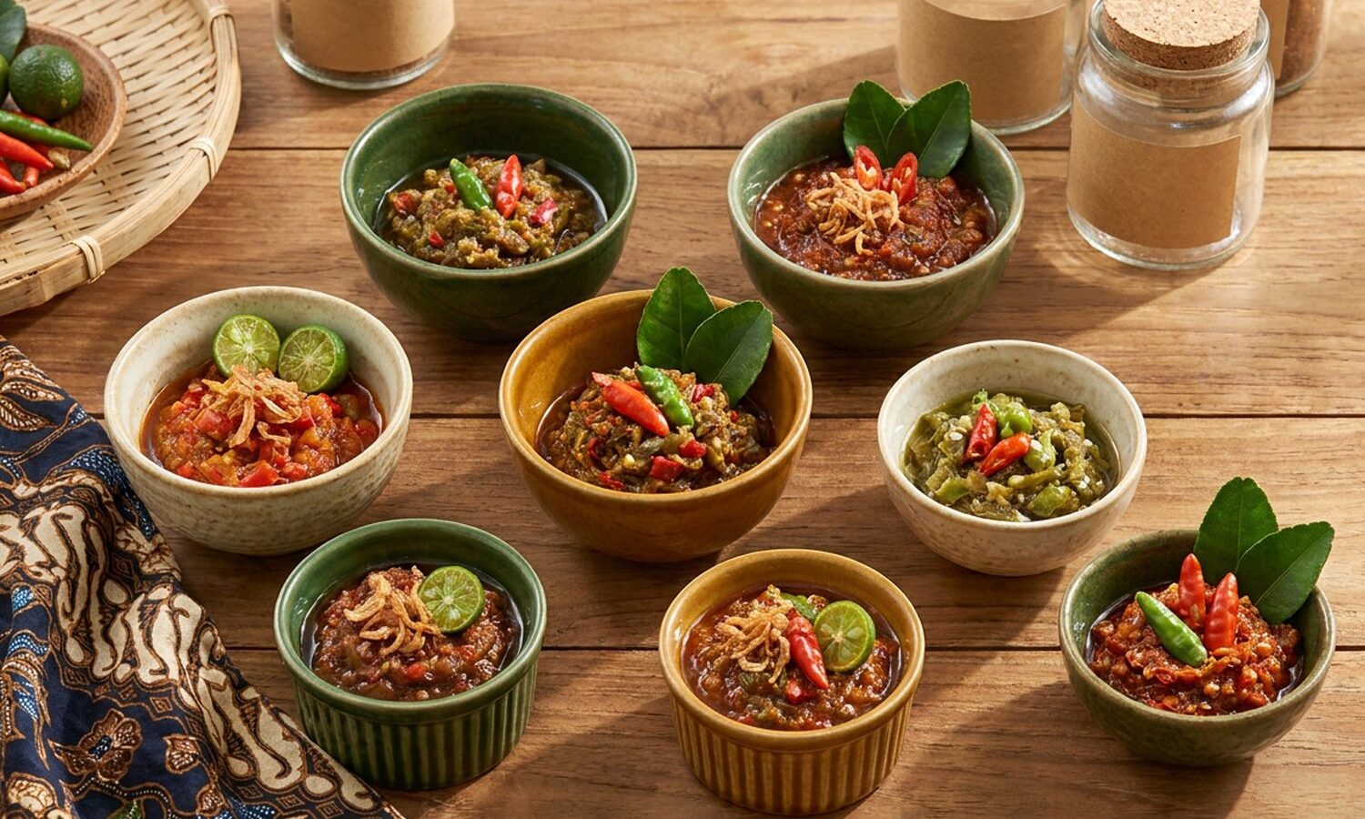 Beragam sambal khas Indonesia dalam mangkuk-mangkuk kecil