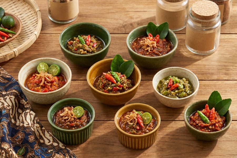 Beragam sambal khas Indonesia dalam mangkuk-mangkuk kecil
