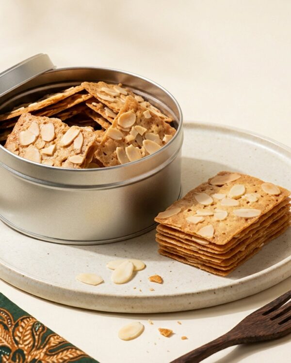 Kaleng almond crispy Surabaya dengan beberapa keping di sampingnya